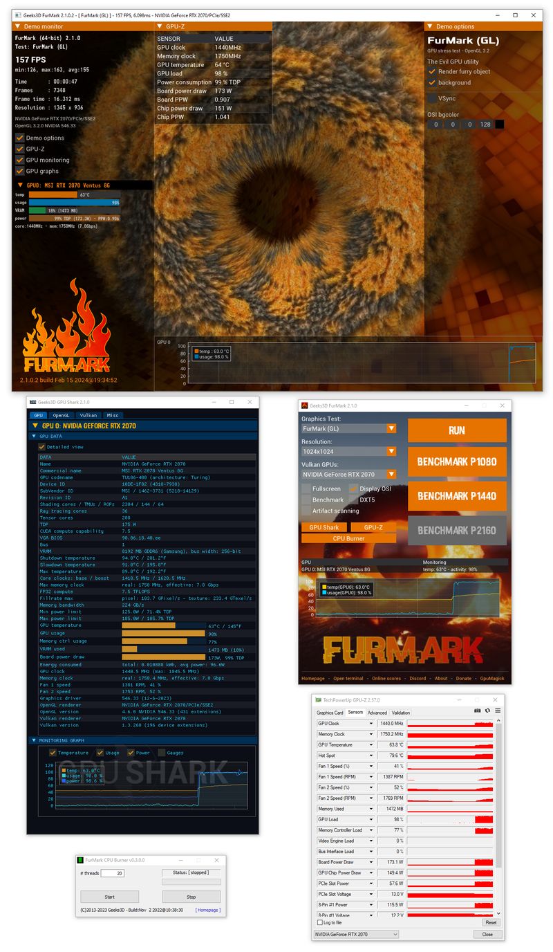 FurMark desktop window showing live GPU stress metrics and frame statistics